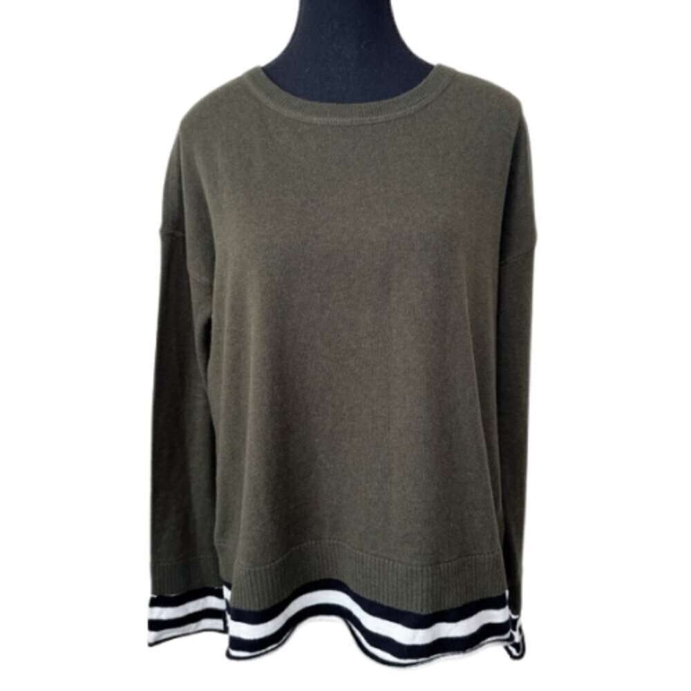 Lisa Todd Womens Small Cashmere Crew Neck Striped Dark Green Sweater